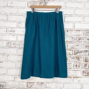 Vintage 80s Leslie Fay Teal Blue Gold Button Pull On Wool Blend Midi Skirt 14